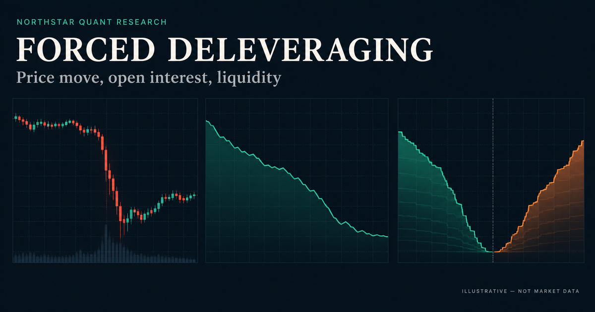 Illustrative research diagram showing a sharp price move, falling open interest and thinning order-book liquidity. Not market data.